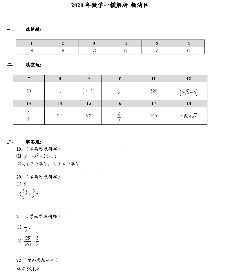 2020杨浦初三一模数学卷及答案！